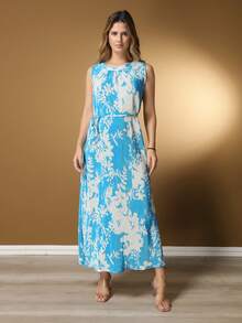 HONGDA VARIETIES New Dress With Spandex At The Neck And String At The Waist With Print - Màu xanh nhạt - Xem 1
