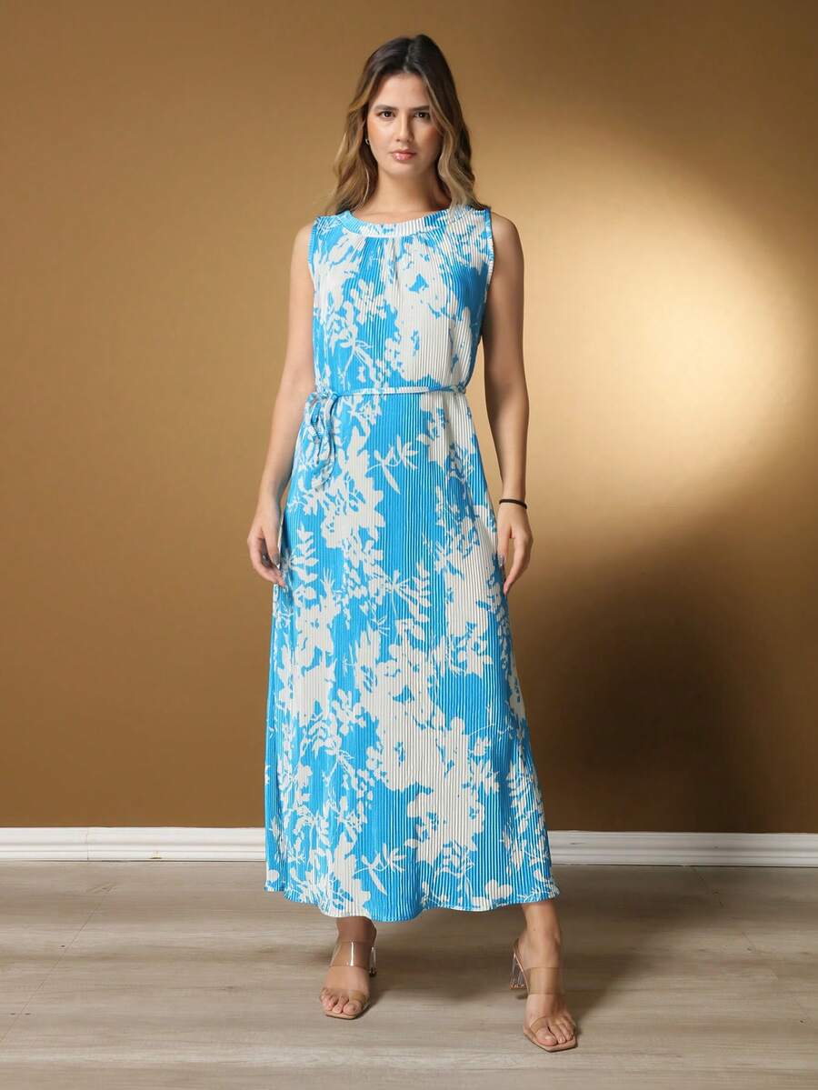 HONGDA VARIETIES New Dress With Spandex At The Neck And String At The Waist With Print - Màu xanh nhạt - Xem 1