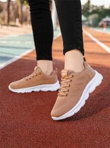 Women's Brown Knit Fabric Casual Sports Sneakers, Comfortable Flat Soft Bottom Lightweight Workout Running Shoes For Spring/Summer