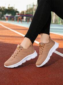 Women's Brown Knit Fabric Casual Sports Sneakers, Comfortable Flat Soft Bottom Lightweight Workout Running Shoes For Spring/Summer