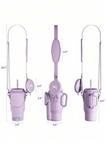 1 pieza Funda aislada de neopreno para botella de agua, con correa para el hombro, portavasos portátil, accesorio de moda, diseño de patrón rosa, cubierta protectora para botella de agua - Morado - Ver 6