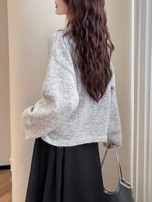 女士休闲圆领针织开衫 - 淺灰色 - 查看 2