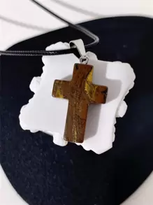 1 pieza Collar de cordón con colgante de cruz de piedra natural, simple y de moda, adecuado para uso diario