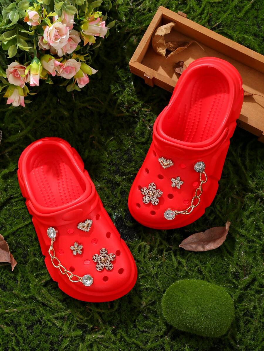 HOEASE Guốc gỗ cho bé gái, giày làm vườn, dép xăng đan rỗng nhẹ, thoải mái, họa tiết hoa mùa xuân/hè. - Đỏ - Xem 1