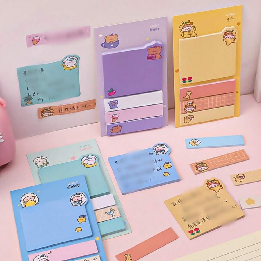 1 libro 80 piezas Notas adhesivas con índice de dibujos animados, pegatinas de memo de estilo femenino INS, suministros de oficina de categorización, notas reutilizables de varios tamaños, para uso en múltiples ocasiones - Multicolor - Ver 1