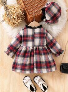 Baby Girl Fashion Plaid Woven Fabric Spliced Velvet Ruffle Collar Bow Decoration Concealed Zipper Back Long Sleeve Dress With Hat