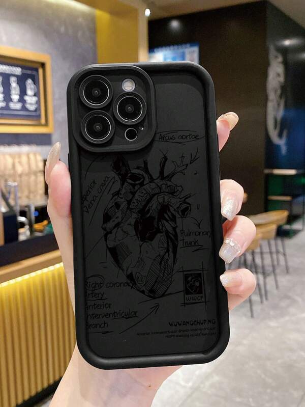 1 pieza Funda de teléfono a prueba de golpes con diseño minimalista de línea de corazón pintado a mano en negro compatible con Apple///Redmi/Infinix/Vivo/Oppo/Moto/