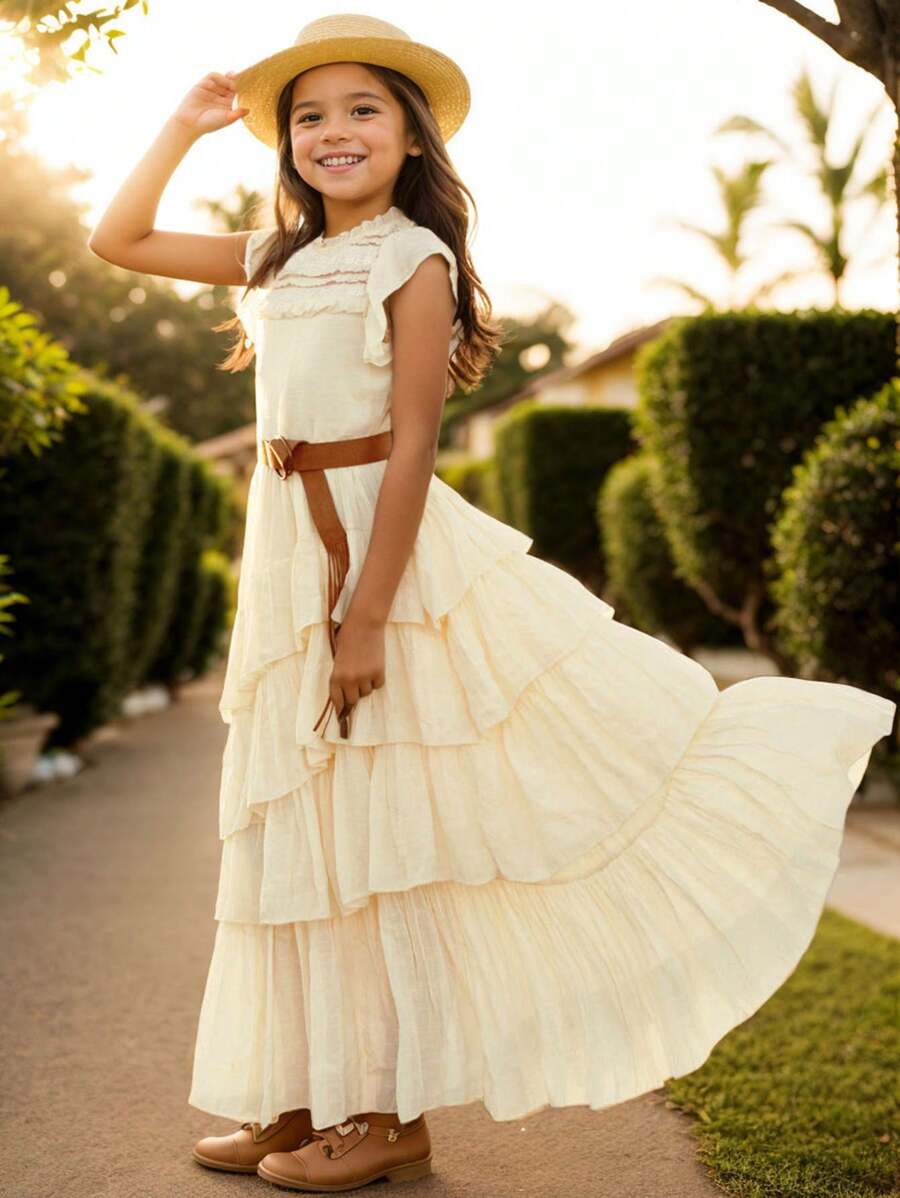 Tween-Mädchen kleid mit Spitzen-Oberteil, flatternden Ärmeln und vollem Rock, BlumenMädchen Abendkleid für Hochzeitsfeier