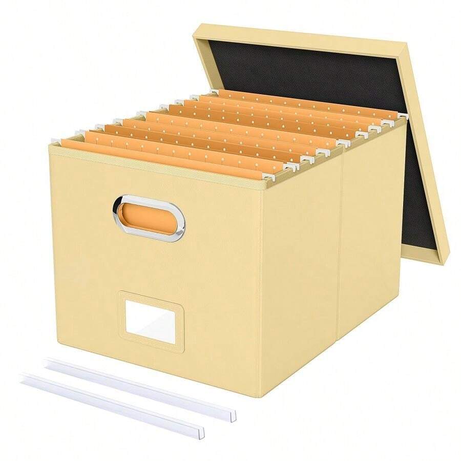 Caja organizadora de archivos, caja de archivos con tapa, caja de archivos para almacenamiento de carpetas de archivo tamaño carta/legal, caja colgante portátil para oficina/decoración/hogar, 1 paquete, negro-solo la caja - Amarillo crema (cuero) - Ver 1