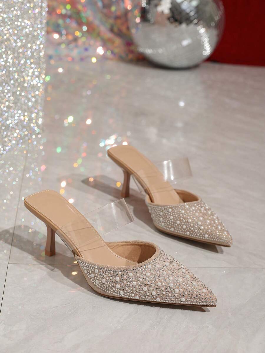 Rhinestone & Pearl Hollow Out Stilettos, Low Heels Wedding Bridesmaid Shoes For Women, New Summer Slip-On Pointed Toe Mules High Heels, Transparent Ankle Strap Sandals