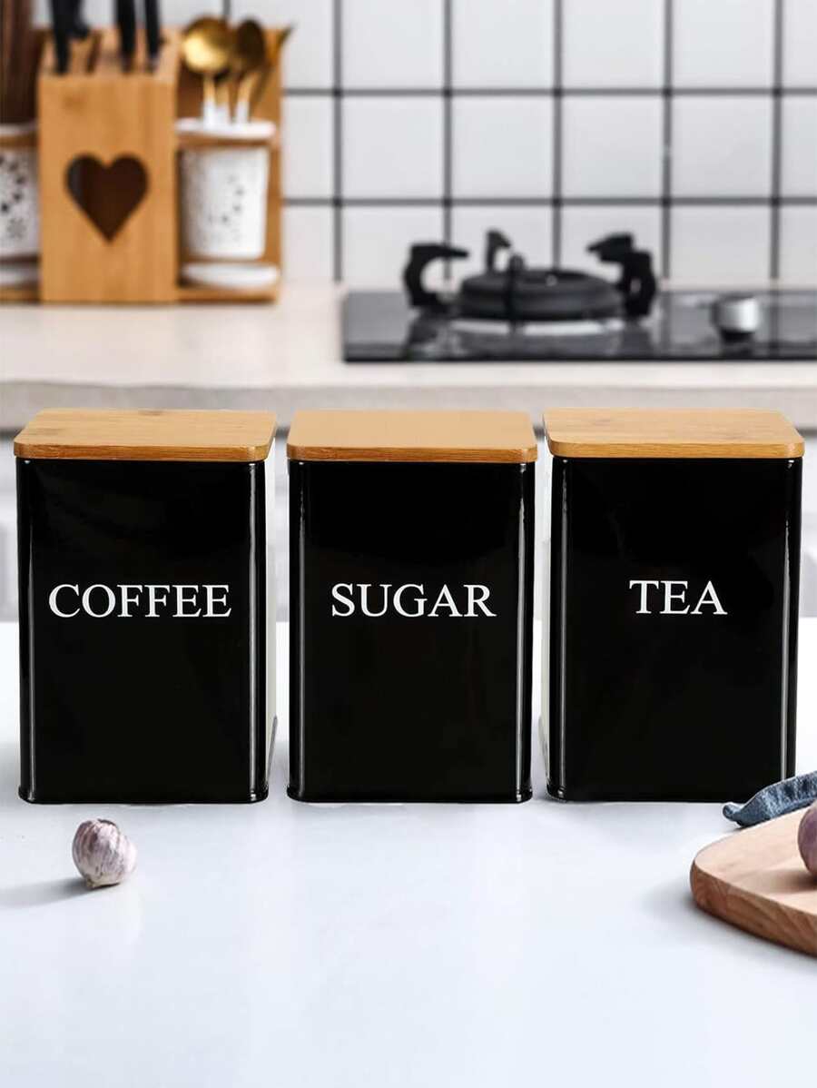 1/3pcs Food Storage Jars Set, Kitchen Canister With Bamboo Lids For Coffee, Sugar, Tea, Black & White - Multicolor - View 1