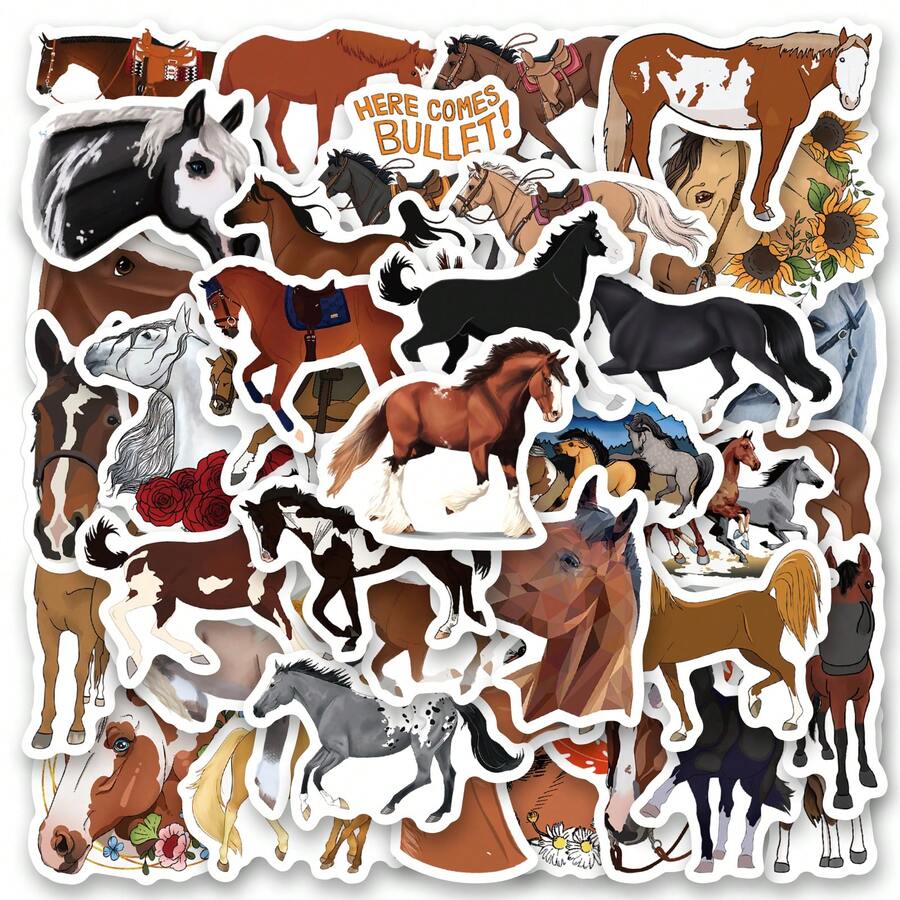 50 PIEZAS Pegatinas de caballos estéticas, pegatinas de vinilo, calcomanías para scrapbook, diario, portátil, parachoques, monopatín, botellas de agua, computadora, teléfono - Multicolor - Ver 1