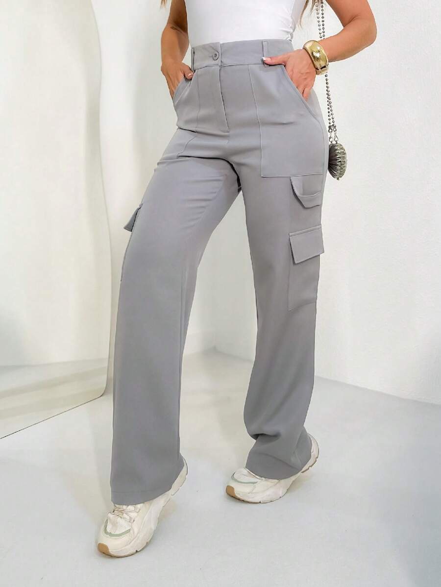 YING ZI Wide Leg Buckle Pocket Color Tailoring Pants - Xám - Xem 1