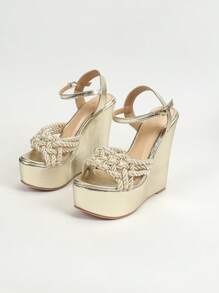 Women's Platform Woven High-Heel Sandals - Gold - View 7
