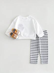 男婴刺绣卡通企鹅图案卫衣和条纹裤 - 灰色 - 查看 6