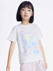 Annil EG421157 Roupa Infantil Camisa de Malha de Manga Curta com Estampa Bordada de Concha e Gola Redonda, Camiseta de Verão Nova Casual para Meninos e Meninas, Superior Fresco e Doce e Versátil