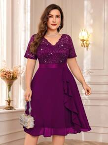 Plus Elegant V-Neck Sequin Lace Contrast Chiffon Ruffle Trim Cocktail Party Swing Dress - Maroon - View 2