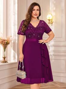 Plus Elegant V-Neck Sequin Lace Contrast Chiffon Ruffle Trim Cocktail Party Swing Dress - Maroon - View 5