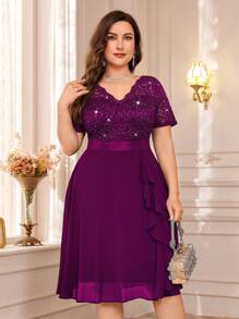 Plus Elegant V-Neck Sequin Lace Contrast Chiffon Ruffle Trim Cocktail Party Swing Dress - Maroon - View 4
