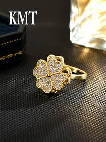 KMT 1 件铜方晶锆石四叶草心形旋转戒指，时尚女士珠宝礼盒 - 愛心四葉草款 - 查看 8