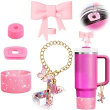 Set de 5 accesorios para tazas de 30oz y 40oz, decoraciones con iniciales para tumblers, que incluye tapa y funda de silicona para pajita, tapa a prueba de derrames, y dije para asa