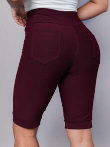Women's Denim Shorts Bermuda Imita Jeans With Pockets High Waist Cotton - 酒紅色 - 查看 1
