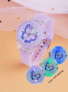 2pcs Set Girls Children Luminous Watch, LED Lighting Cartoon Butterfly Quartz Watch & Beaded Pendant Bracelet