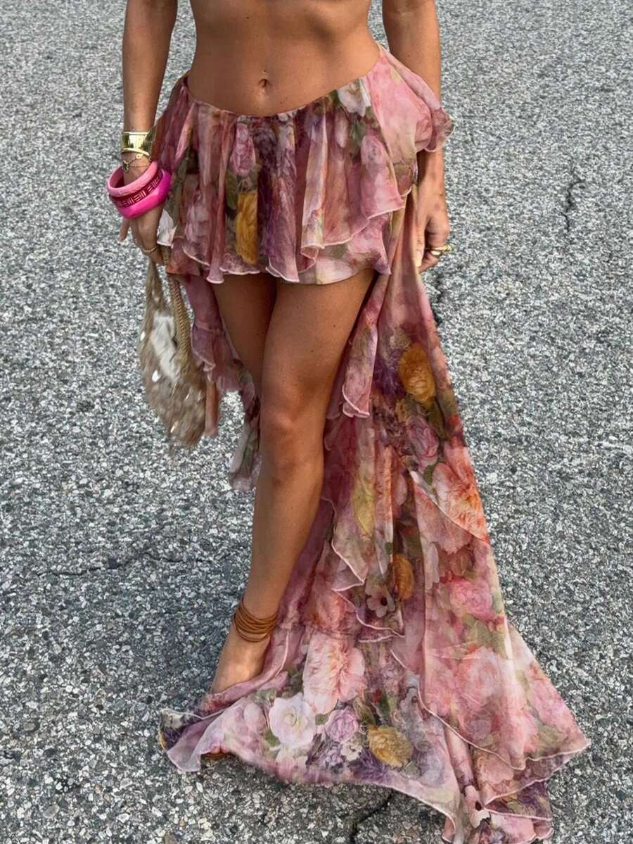 度假花卉印花荷叶边女式半身裙时尚性感半透视长裙复古优雅海滩派对下装春季