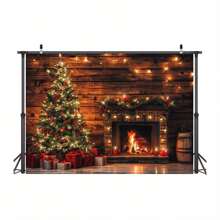 1 件乡村风格圣诞背景，配有闪闪发光的木制壁灯和壁炉，多功能涤纶节日派对横幅，适用于照相亭和肖像摄影，圣诞节 - 彩色 - 查看 3