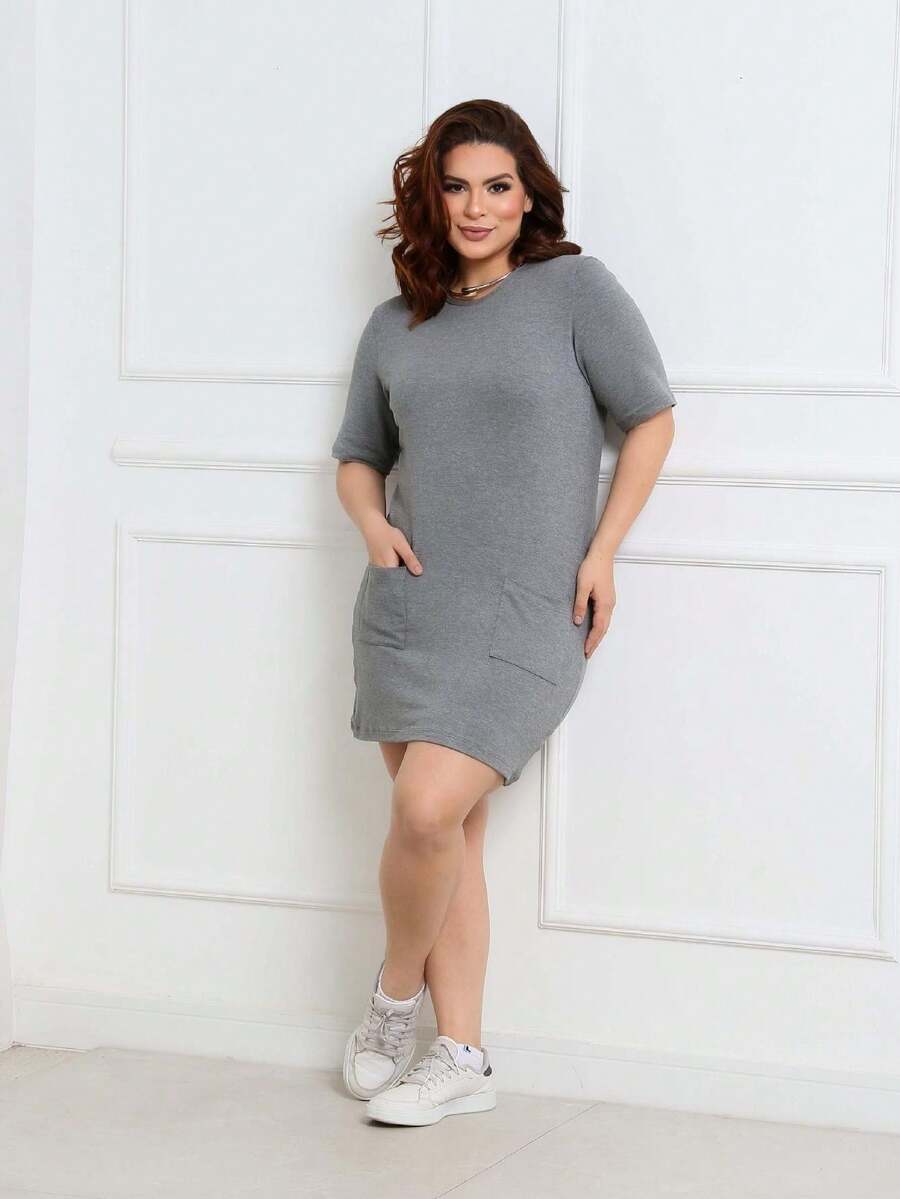 Front Pocket Sleeve Dress - Xám - Xem 1