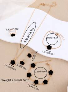 6 Peças Conjunto de Joias Infantis, Incluindo Colar com Pingente de Trevo e Flor de Liga de Zinco, Pulseira, Anel, Brincos - Preto - Visão 5