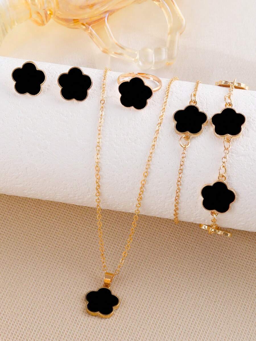 6 Peças Conjunto de Joias Infantis, Incluindo Colar com Pingente de Trevo e Flor de Liga de Zinco, Pulseira, Anel, Brincos - Preto - Visão 1