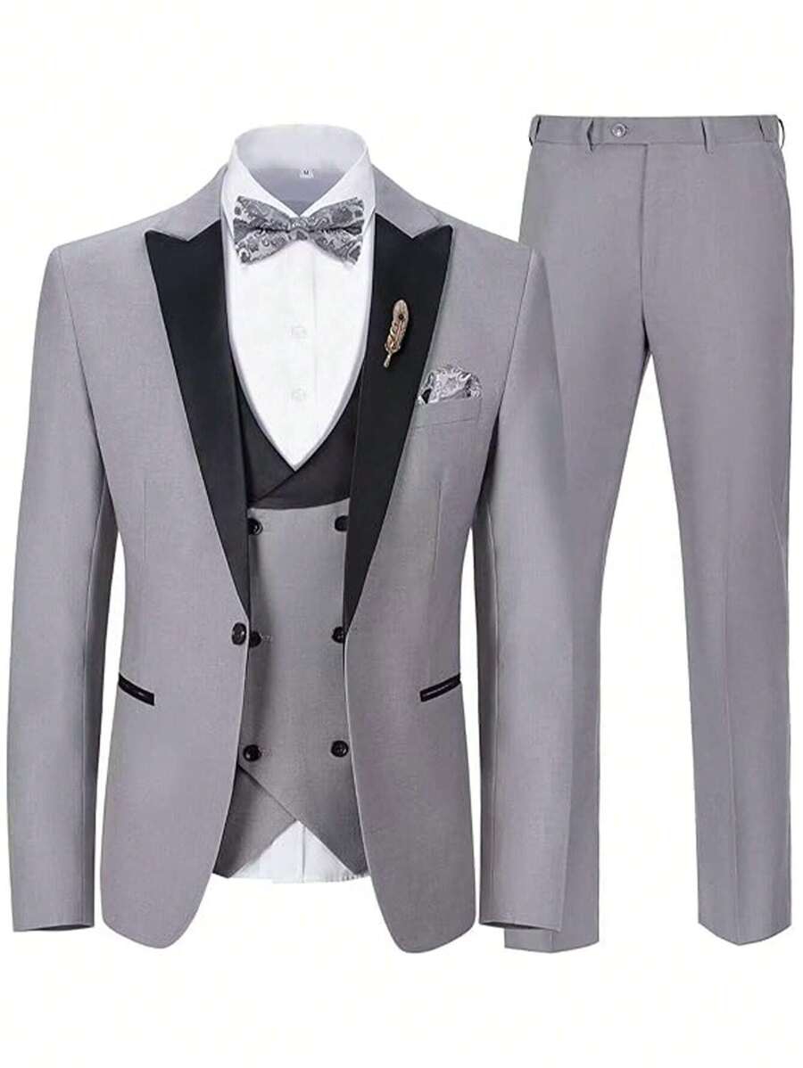 Men's Slim Fit 3 Piece Suit One Button Blazer Jacket Vest Pants Set Square Pocket Suitable For Party Commuting Daily Wear Concert Graduation Season Size XS-3XL Spring New Products Winter Suit Sets For Wedding Dress Concert Graduation Season - Màu Xám nhạt - Xem 1