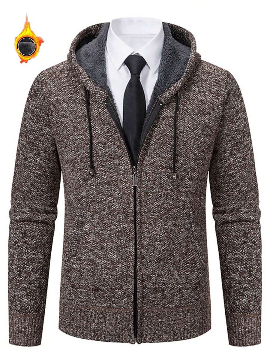 1 Stück Herren Strickjacke mit Kapuze, Teddy gefüttert, mit Kordelzug - Kaffeebraun - Übersicht 1