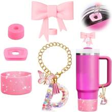 Set de 5 accesorios para tazas de 30oz y 40oz, decoraciones con iniciales para tumblers, que incluye tapa y funda de silicona para pajita, tapa a prueba de derrames, y dije para asa