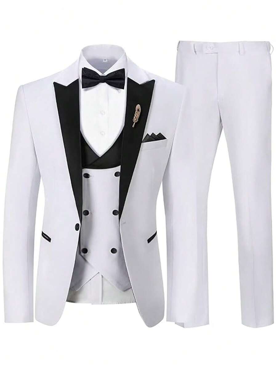 Men's Slim Fit 3 Piece Suit One Button Blazer Jacket Vest Pants Set Square Pocket Suitable For Party Commuting Daily Wear Concert Graduation Season Size XS-3XL Spring New Products Winter Suit Sets For Wedding Dress Concert  Graduation Season - 白色 - 查看 1