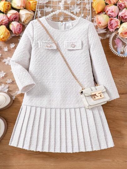 女童优雅纯色春秋连衣裙，女童长袖拼布百褶裙，舒适百搭休闲童装