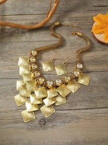 2 piezas Aretes y 1 pieza Collar de cadena con bloque de cuentas geométricas multicapa con borla, conjunto de joyas casuales para fiesta en la playa para mujeres - Estrella - Ver 9