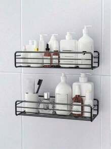 1 件铁制浴室收纳架，无孔壁挂式收纳架，浴室搁板收纳架 - 黑色 - 查看 11