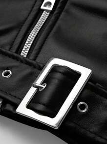 Risissida Women's Fall/Winter Street Wear Faux Leather Cropped Biker Jacket - Asymmetric Zip, Adjustable Belt For Edgy Urban Street Commuting Spring White - Black - View 10