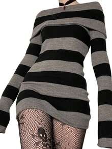 Women Off-Shoulder Striped Sweater Dress Long Sleeve Bodycon Mini Dress - Black - View 3