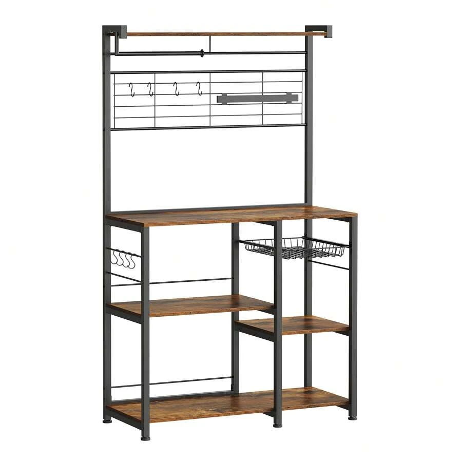 VASAGLE Kitchen Baker's Rack, Microwave Stand, Coffee Bar With Magnetic Knife Holder, Kitchen Storage Shelf, Wire Basket, Kitchen Paper Holder, 12 Hooks - Brown - View 1