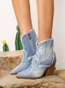 8cm Retro Ombre Distressed Pointed-Toe Embroidery Ankle Boots, Western Style High Heels For Women, Autumn & Winter