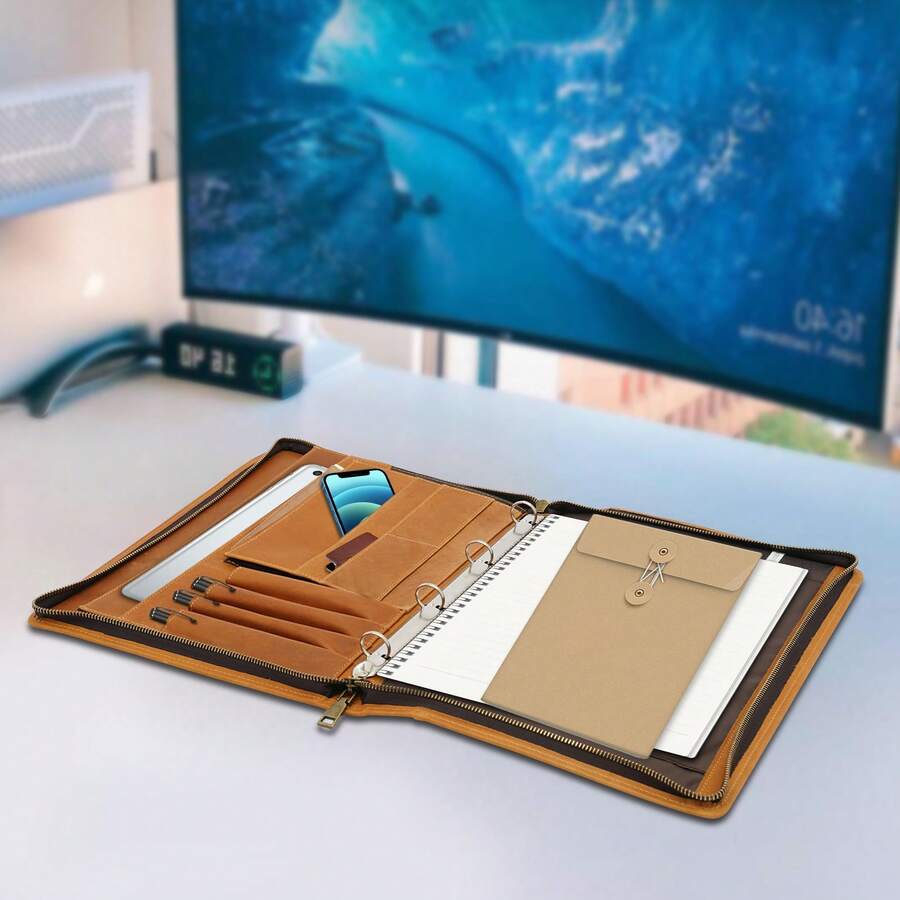 YUNRUX Safekeepers Konferenzmappe A4 Leder,Schreibmappe a4 a4 Leder ringbuch, Legierter Doppel-Reißverschluss Arbeitsmappe aus Leder, Geschenk für ihn Schwarz mit Prägung,Braun - Braun - Übersicht 1