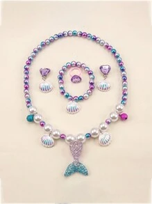 Set de 6 piezas de collar, pulsera y aretes con cuentas de princesa, que incluye colgante de corona de sirena, colorido, adecuado para disfraces de fiesta, juegos de roles, regalo de cumpleaños - Multicolor - Ver 2