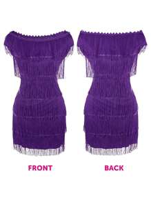 I LOVE FANCY DRESS Ladies Purple Flapper Dress Bead Necklace Feather Headband 1920's Deluxe Costume Flapper Gatsby Party Fancy DressBlock PrintFabric - Purple - View 4