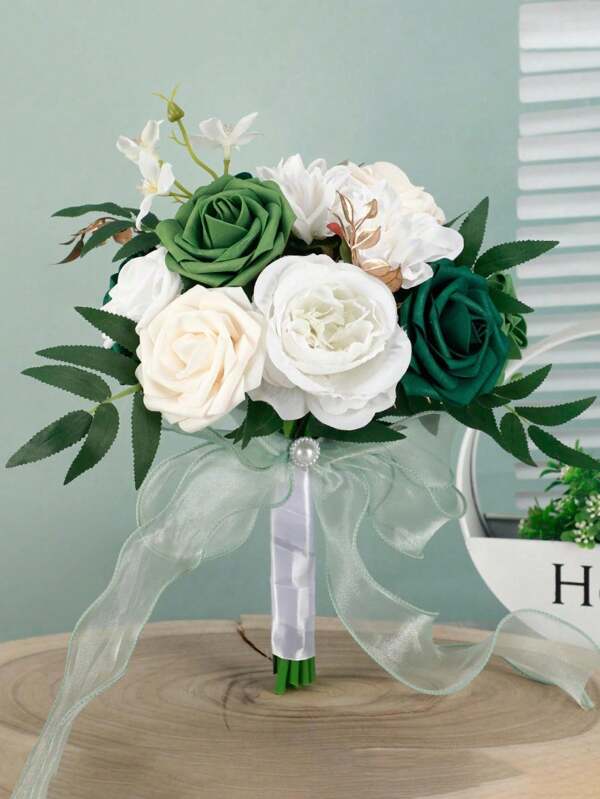 1 Stück Braut Hochzeitsstrauß, bunt gemischter Perle Schleife Seidenband Rosenstrauß, Brautjungfernkleid Dekoration, künstliche Blume für Hochzeitsantrags-Foto, drinnen & Outdoor handgehaltener Braut Blumenstrauß