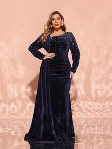 Plus Size Asymmetrical Neck Velvet Studded Evening Dress, Long Sleeve Formal Prom Gown, For Wedding Guest, Graduation, Dinner