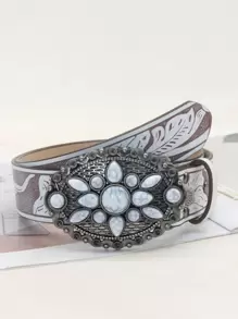 1 件女士白色宝石装饰风牛头印花时尚 PU 皮革宽腰带，适合牛仔裤和连衣裙夏季、学校秋季、秋季、万圣节 - 白色 - 查看 12