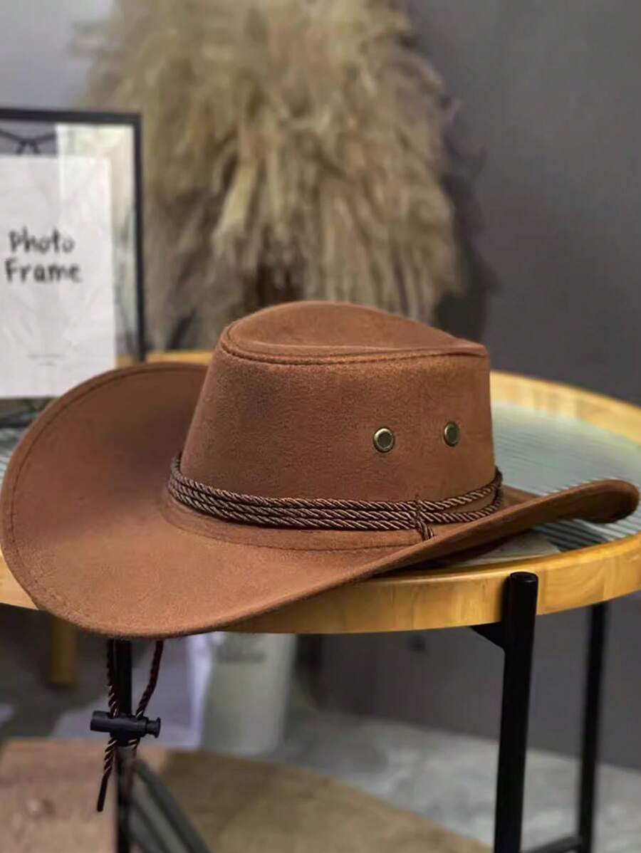 1pc Faux Suede Western Cowboy Hat For Men, Outdoor Camping Hiking Sun Protection, Summer
